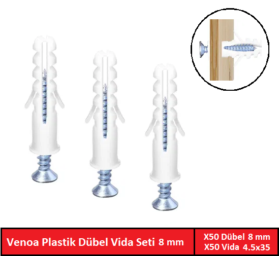 Venoa DS08 Plastik Dübel Vida Seti 8 mm 100 Parça