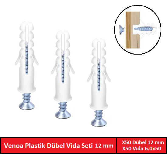 Venoa DS12 Plastik Dübel Vida Seti 12 mm 100 Parça