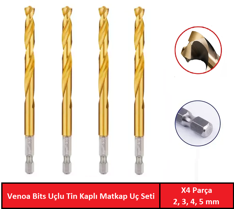 Venoa DT04 Tin Kaplı Bits Saplı Hss Delici Matkap Uç Seti 4 Parça