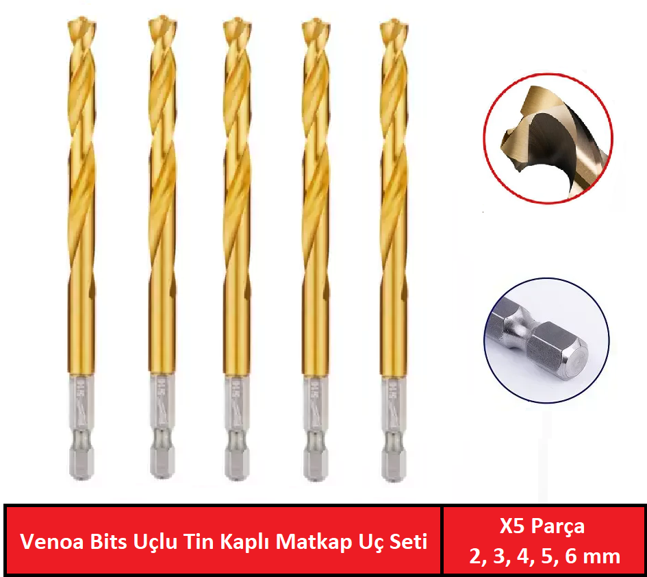 Venoa DT05 Tin Kaplı Bits Saplı Hss Delici Matkap Uç Seti 5 Parça