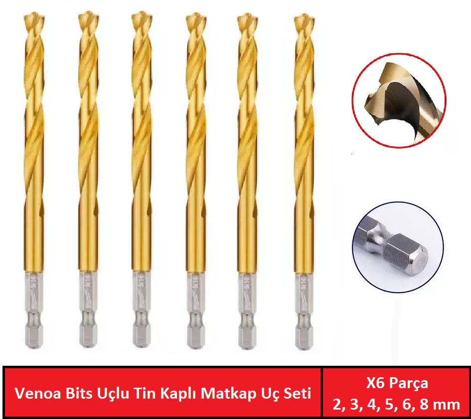 Venoa DT06 Tin Kaplı Bits Saplı Hss Delici Matkap Uç Seti 6 Parça
