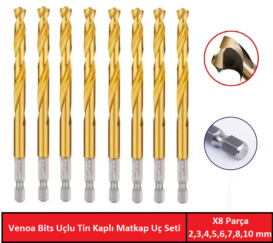 Venoa DT08 Tin Kaplı Bits Saplı Hss Delici Matkap Uç Seti 8 Parça