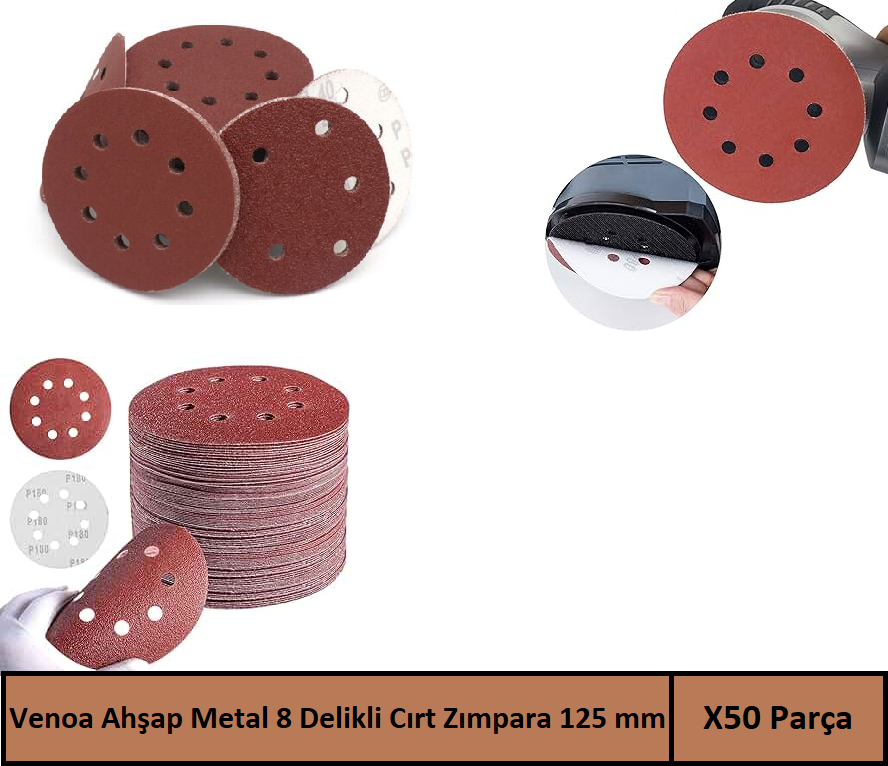 Venoa Ahşap Metal Delikli Cırt Zımpara Kağıdı 125 mm 50 Adet