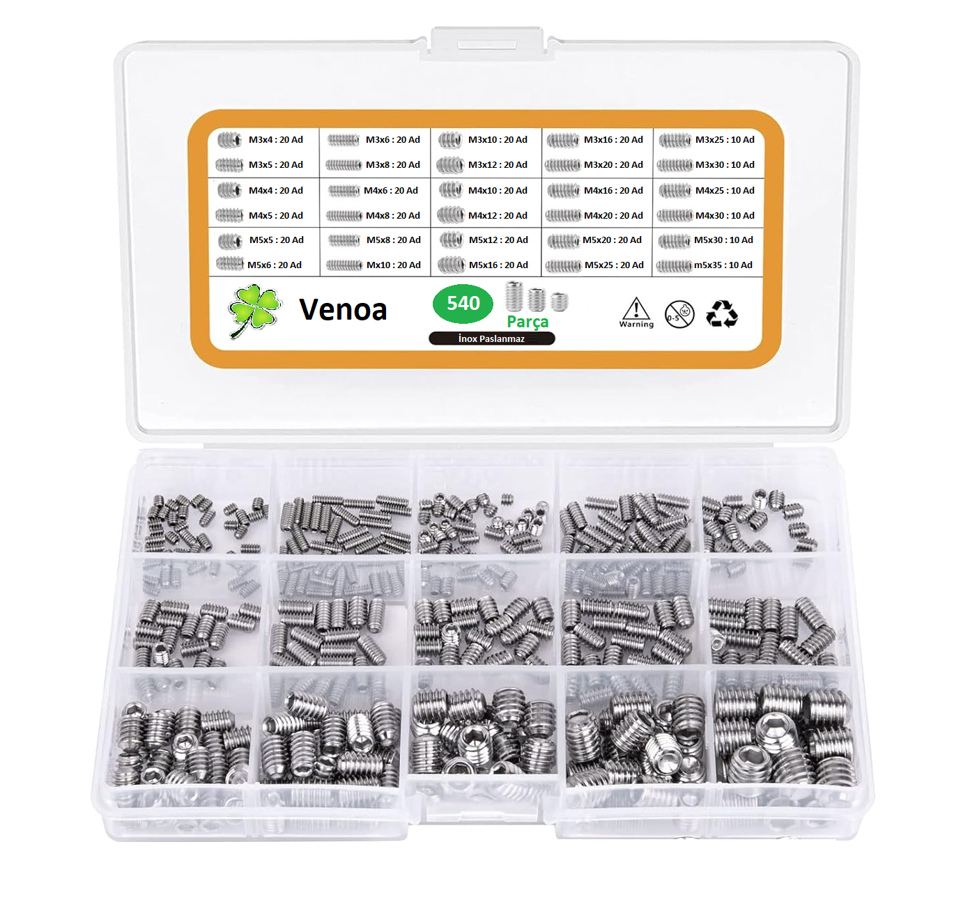 Venoa PS540 İnox Setskur Vida Seti M3, M4, M5 540 Parça