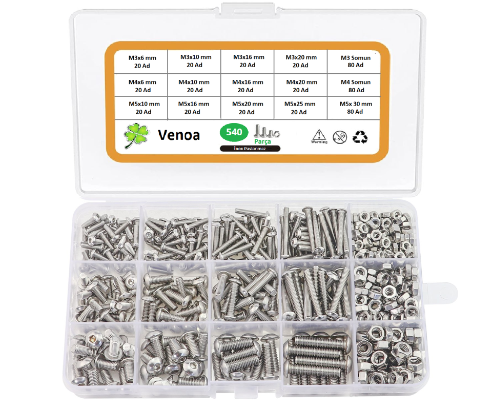 Venoa PBS480 İnox Bombe Başlı Vida Seti M3, M4, M5 480 Parça