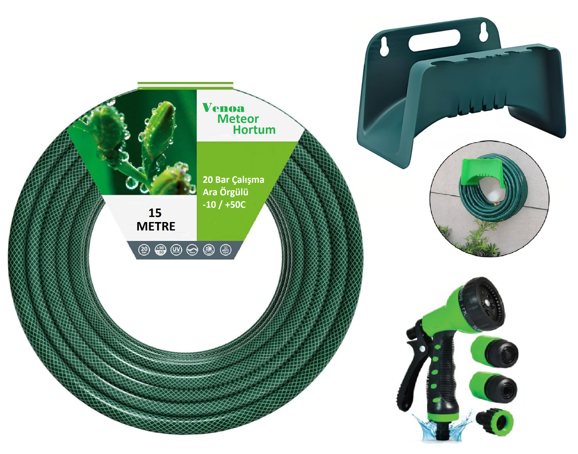 Venoa Meteor VNL15 Kırılmaz Örgülü Bahçe Su Hortumu Askılı 15 Mt 6 Parça