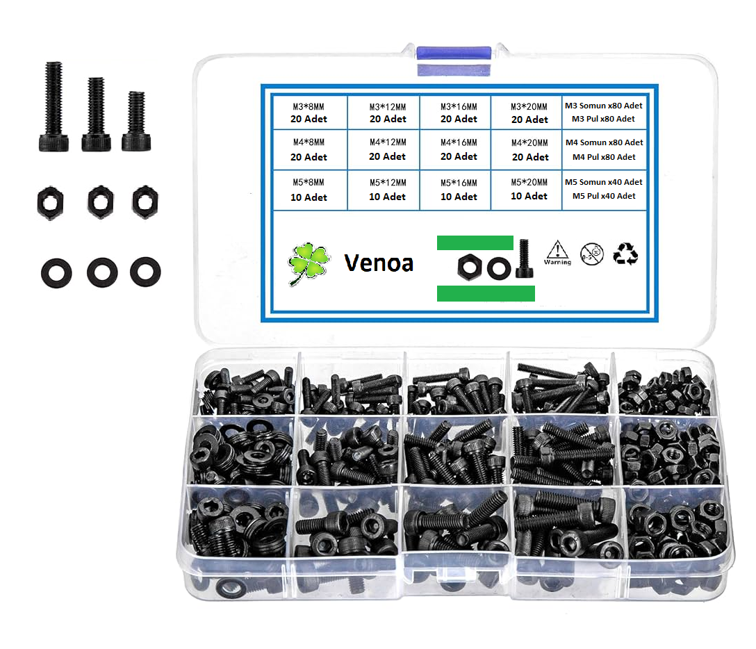 Venoa ICSP600 İmbus Civata Somun Pul Seti M3 M4 M5 Çantalı 600 Adet – Alyan Başlı Vida Seti