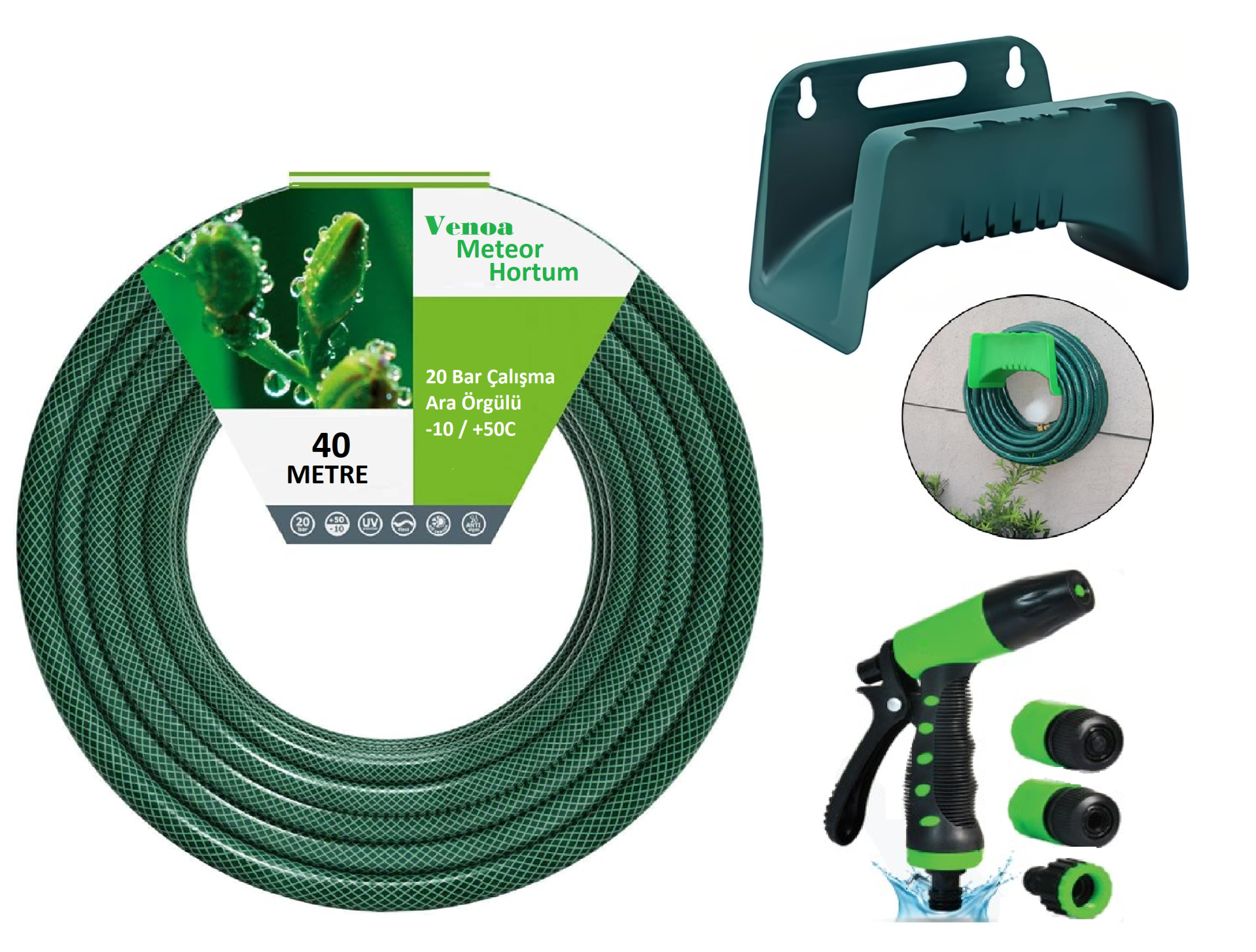 Venoa Meteor VNT40 Kırılmaz Örgülü Bahçe Su Hortumu Askılı 40 Mt 6 Parça