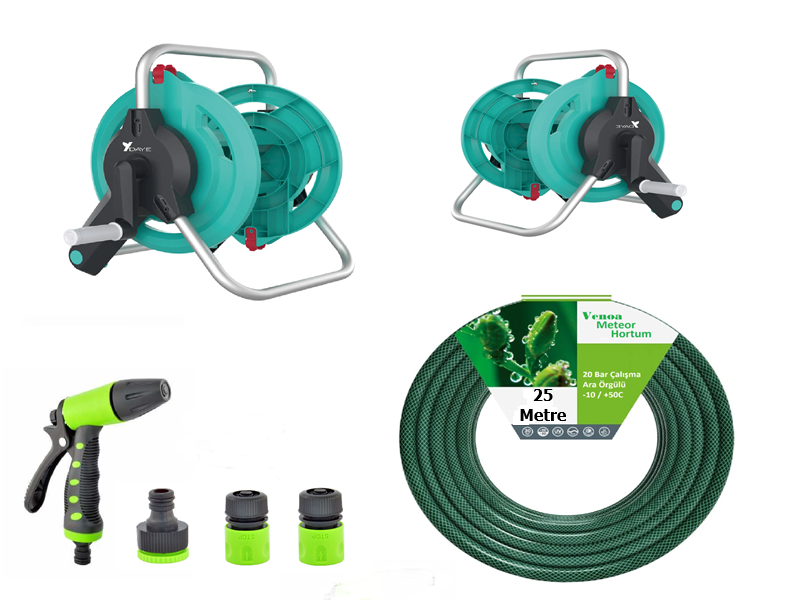 Venoa Meteor VDZ25 Kırılmaz Örgülü Makaralı Bahçe Su Hortumu 25 Mt 6 Parça
