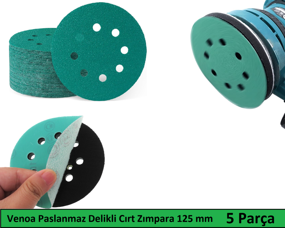 Venoa Paslanmaz Metal Ahşap Delikli Cırt Zımpara Kağıdı 125 mm 5 Parça