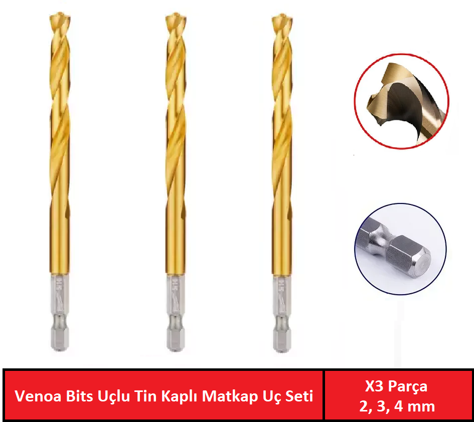 Venoa DT03 Tin Kaplı Bits Saplı Hss Delici Matkap Uç Seti 3 Parça